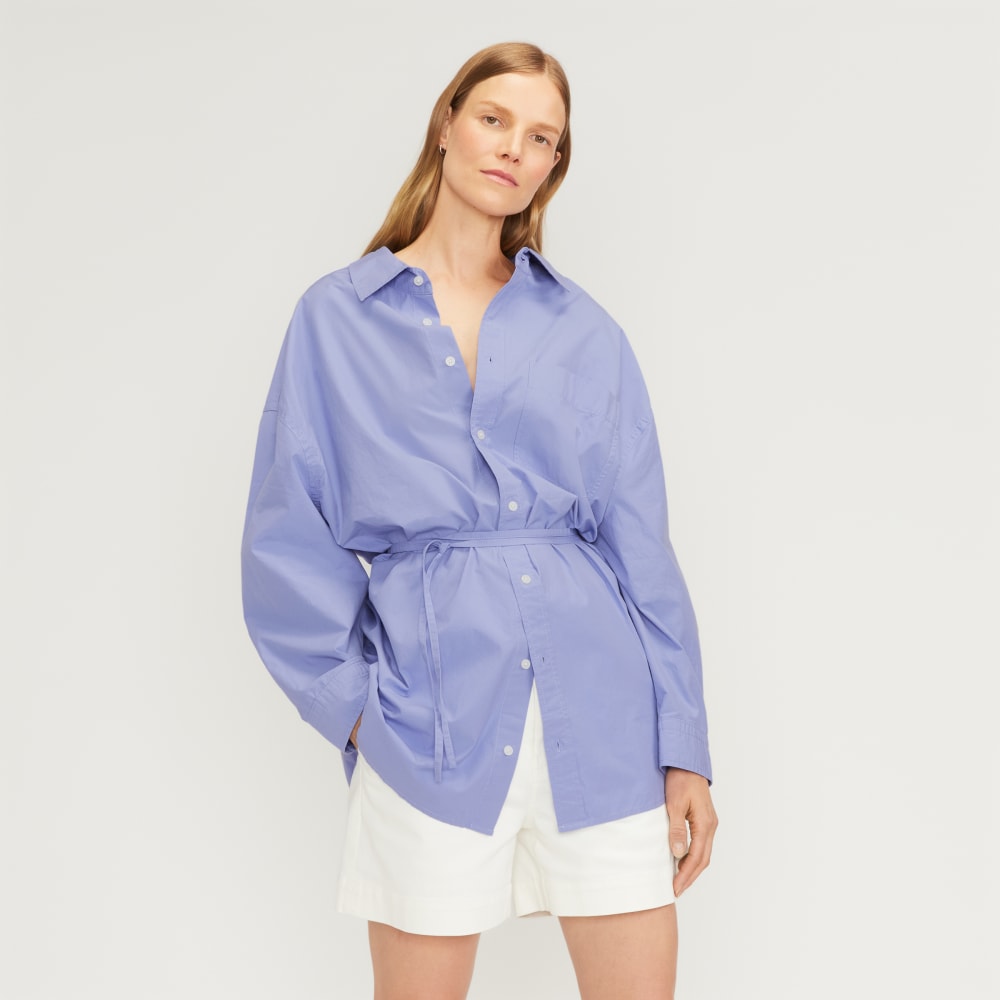 The Poplin Tie Back Shirt in Cornflower Blue — front view