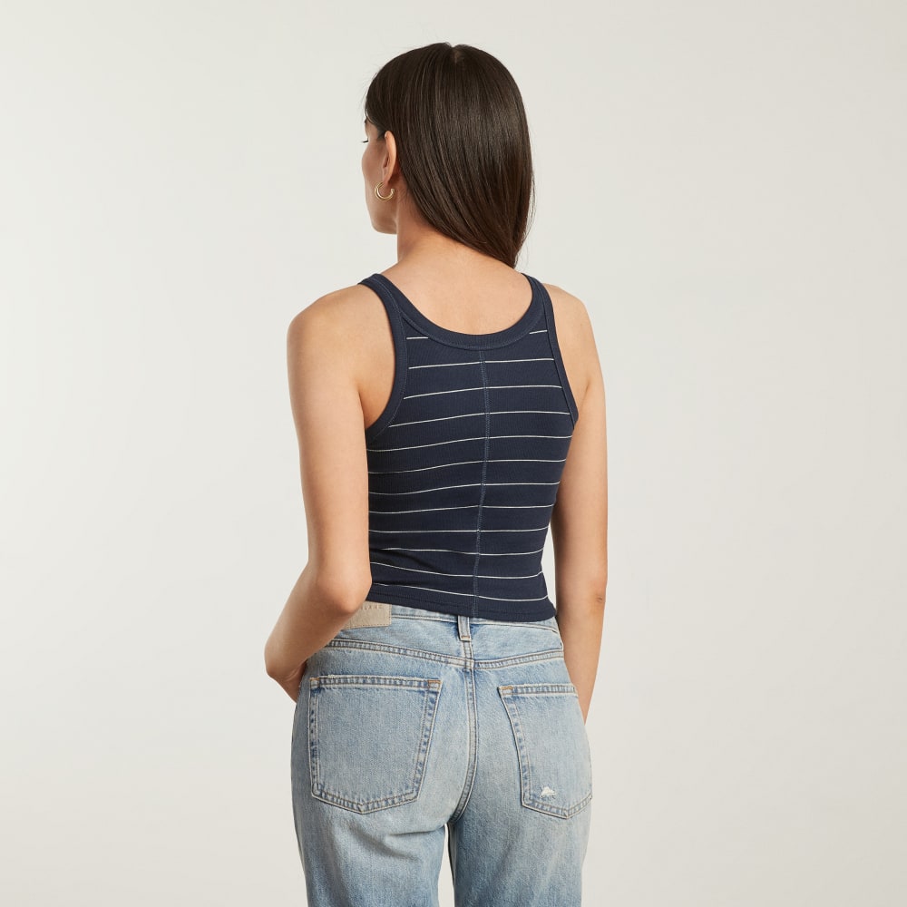 The Pima Micro-Rib Short Tank in Navy / White — detail view