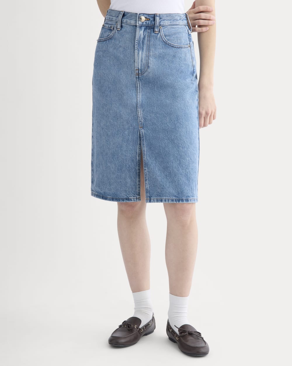 Mid-Rise Denim Midi Skirt in Vintage Mid Indigo — detail view