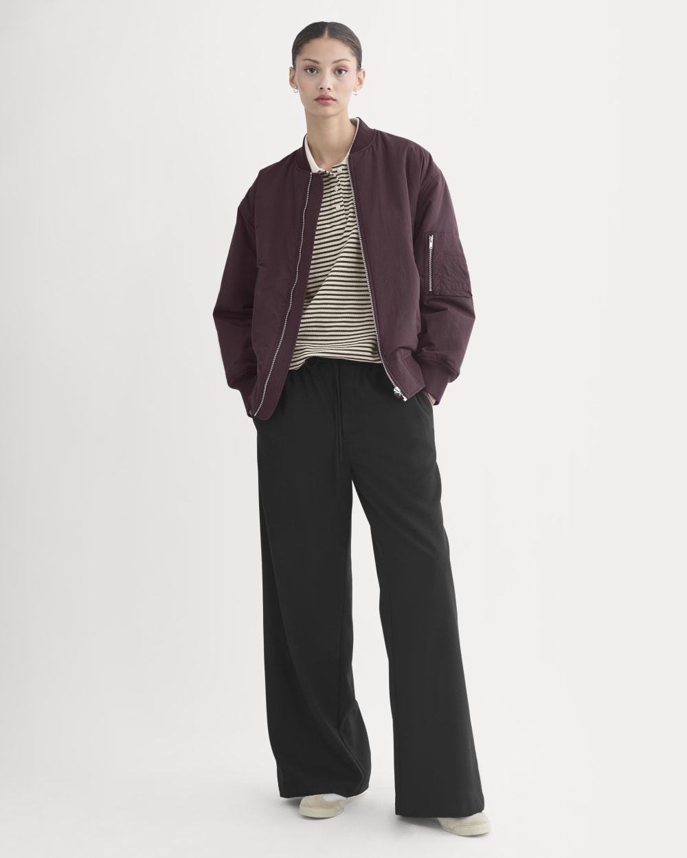 Renew Oversized Puffer Bomber in Deep Plum — detail view