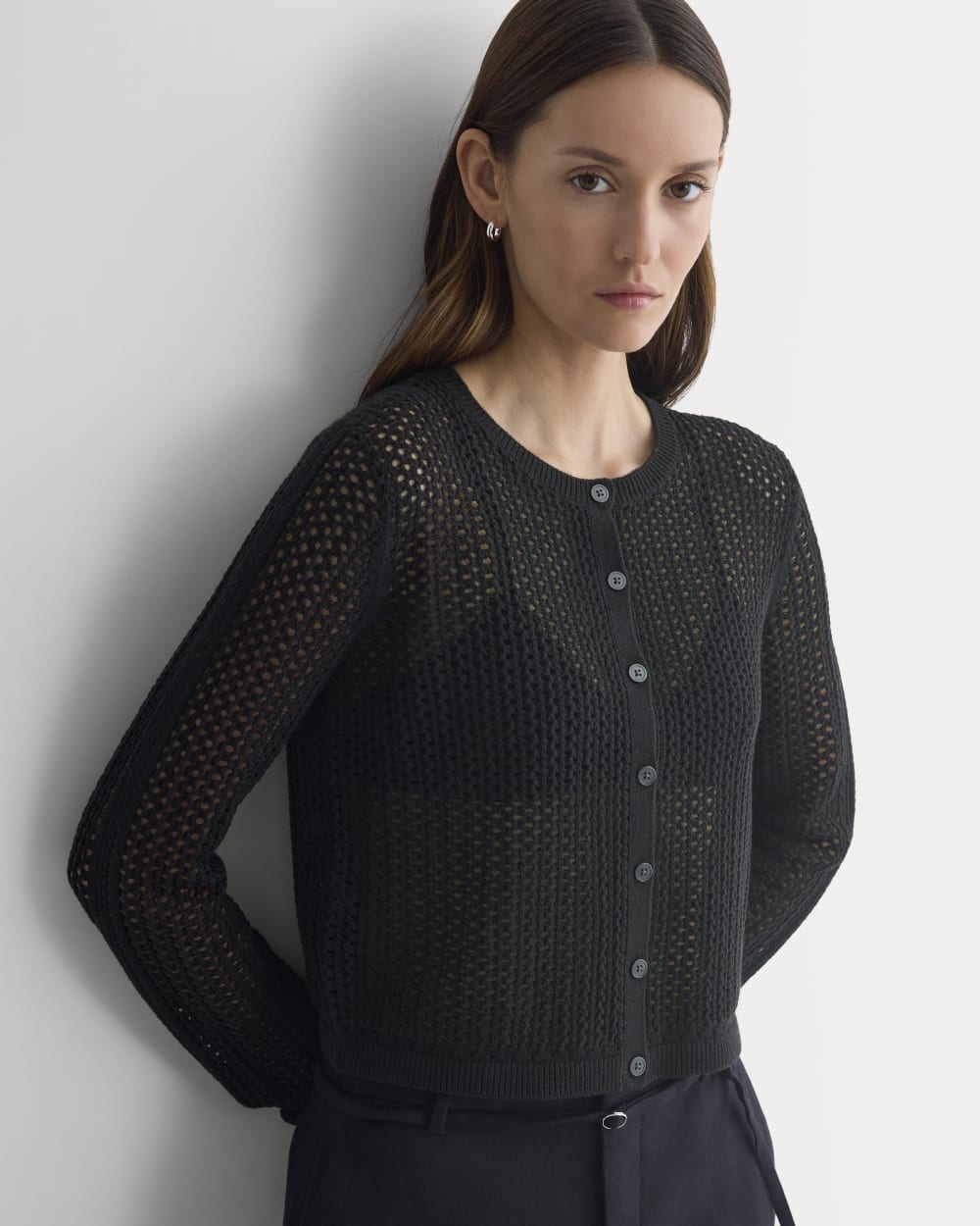 Lace-Knit Cardigan in Black — front view