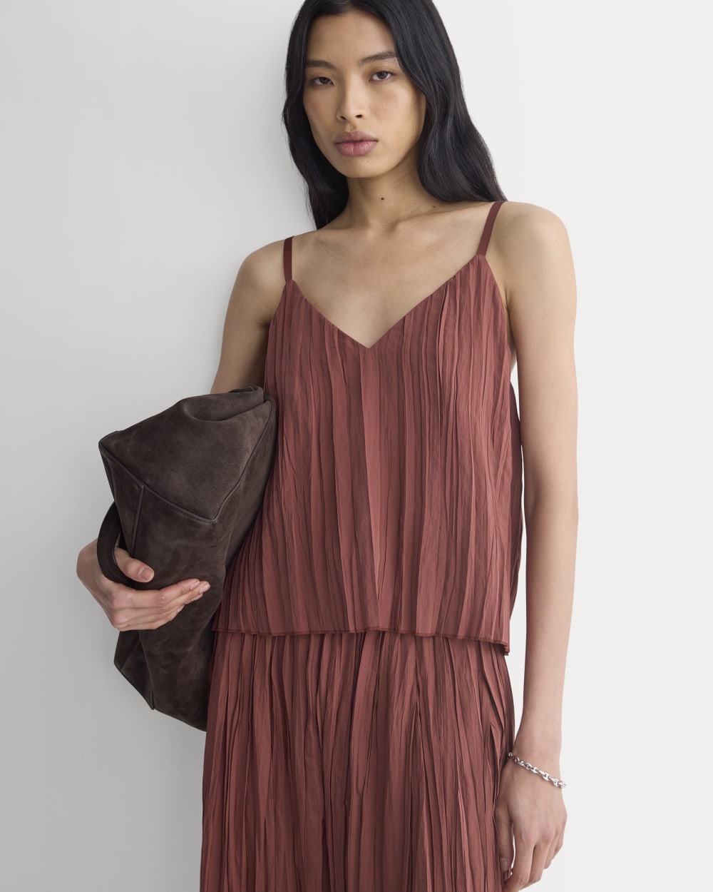 Crinkle Trapeze Tank in Henna Red — front view