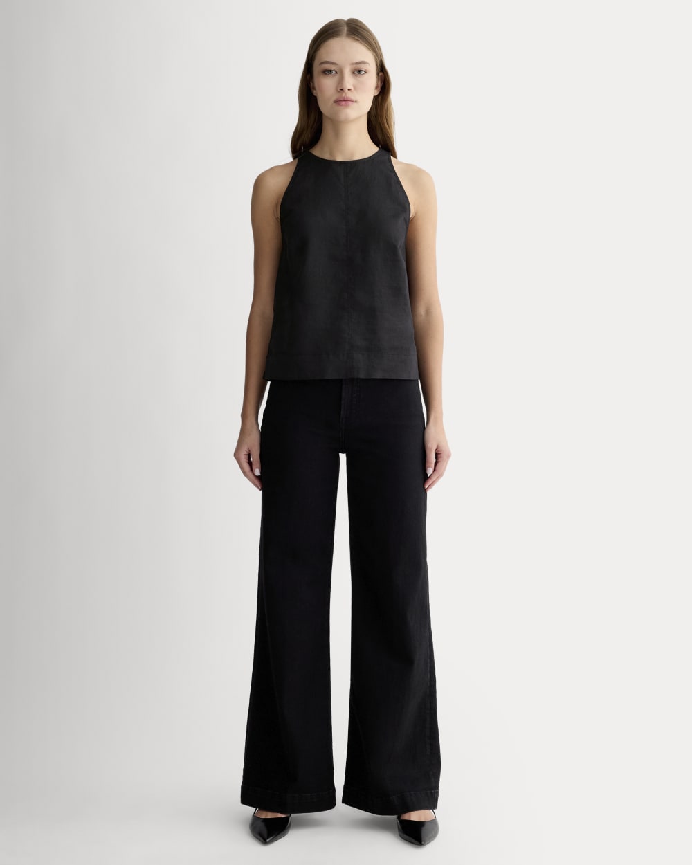 The Linen High-Neck Tank in Black — detail view