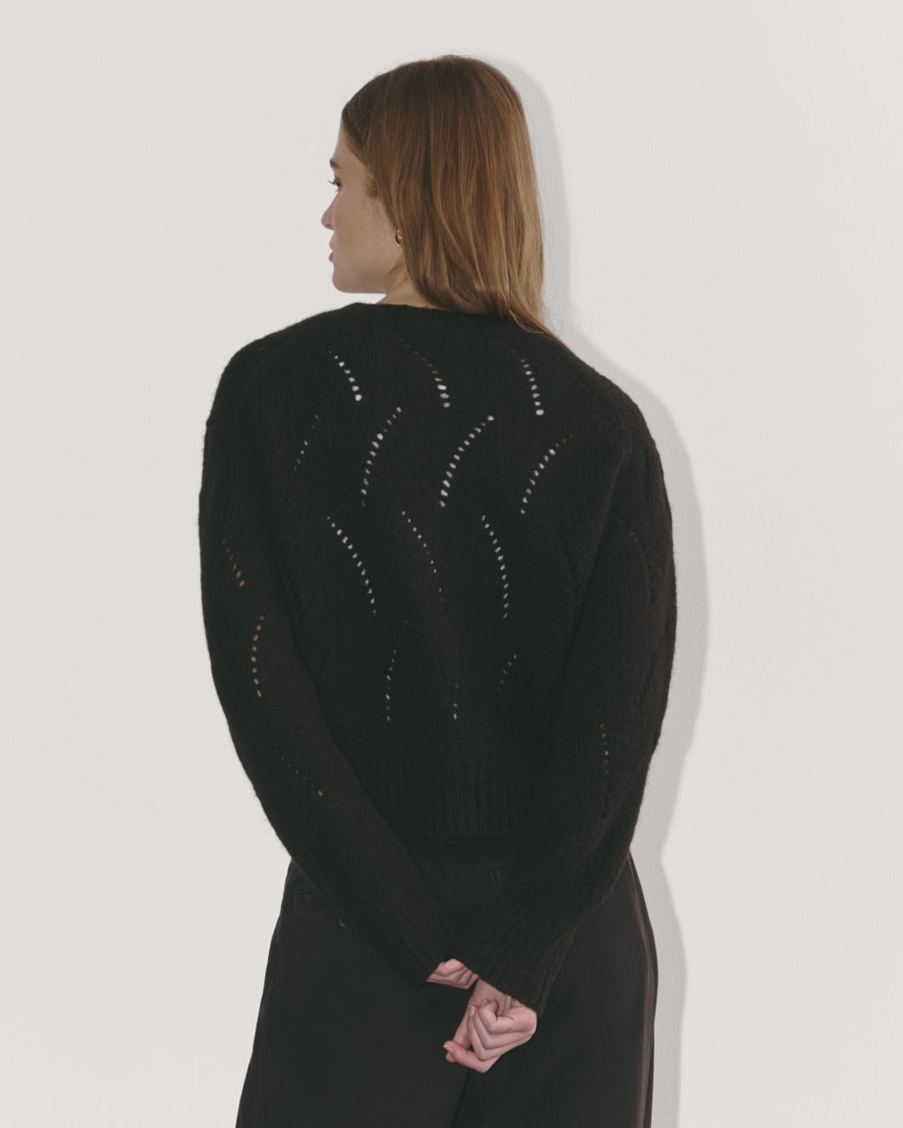 The Pointelle Cardigan in Cloud in Black — detail view