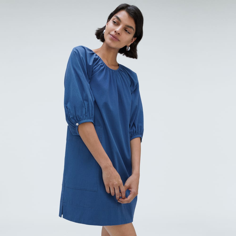 The Seersucker Puff Sleeve Dress in Deep Blue — detail view