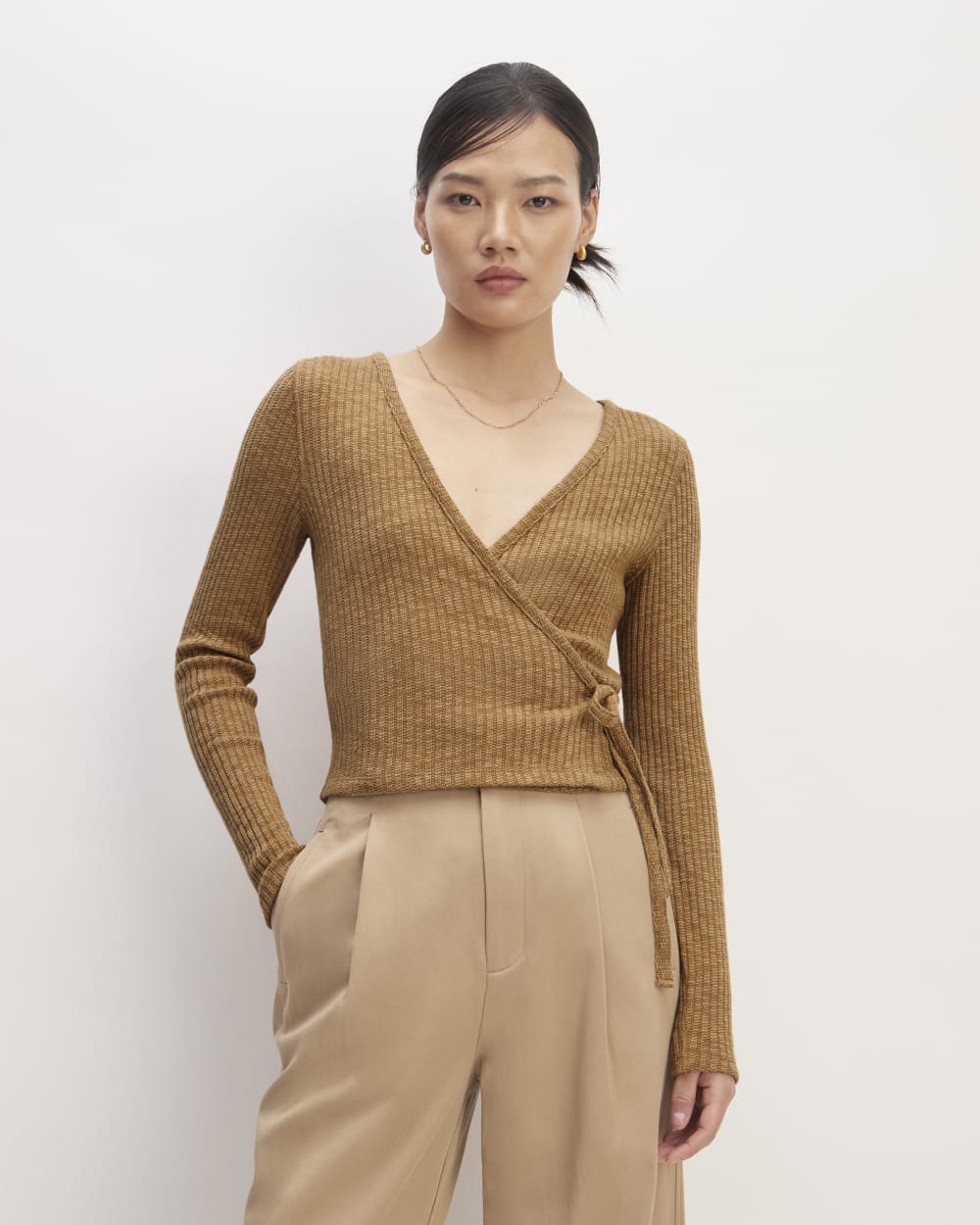 The Cozy Rib Wrap Top in Cappuccino — front view