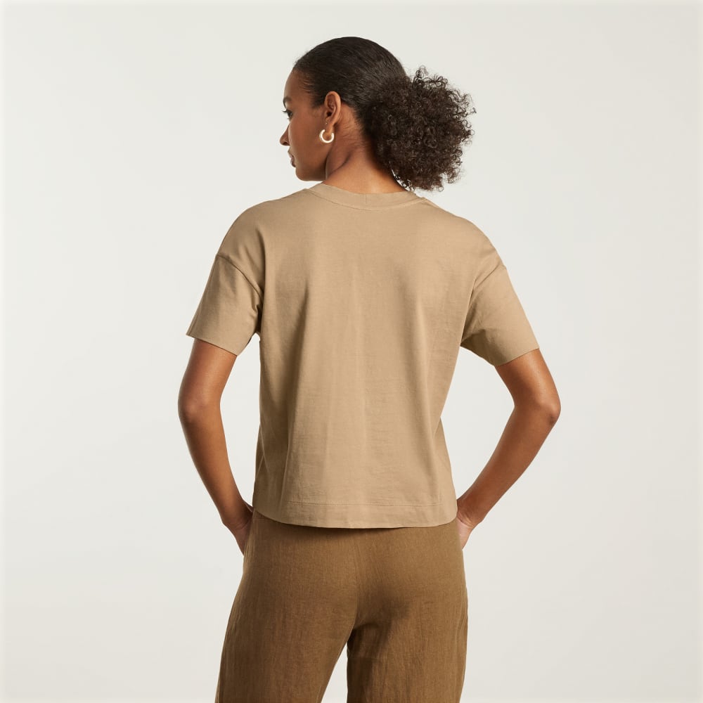 The Organic Cotton Slouchy V-Neck in Iced Coffee — detail view