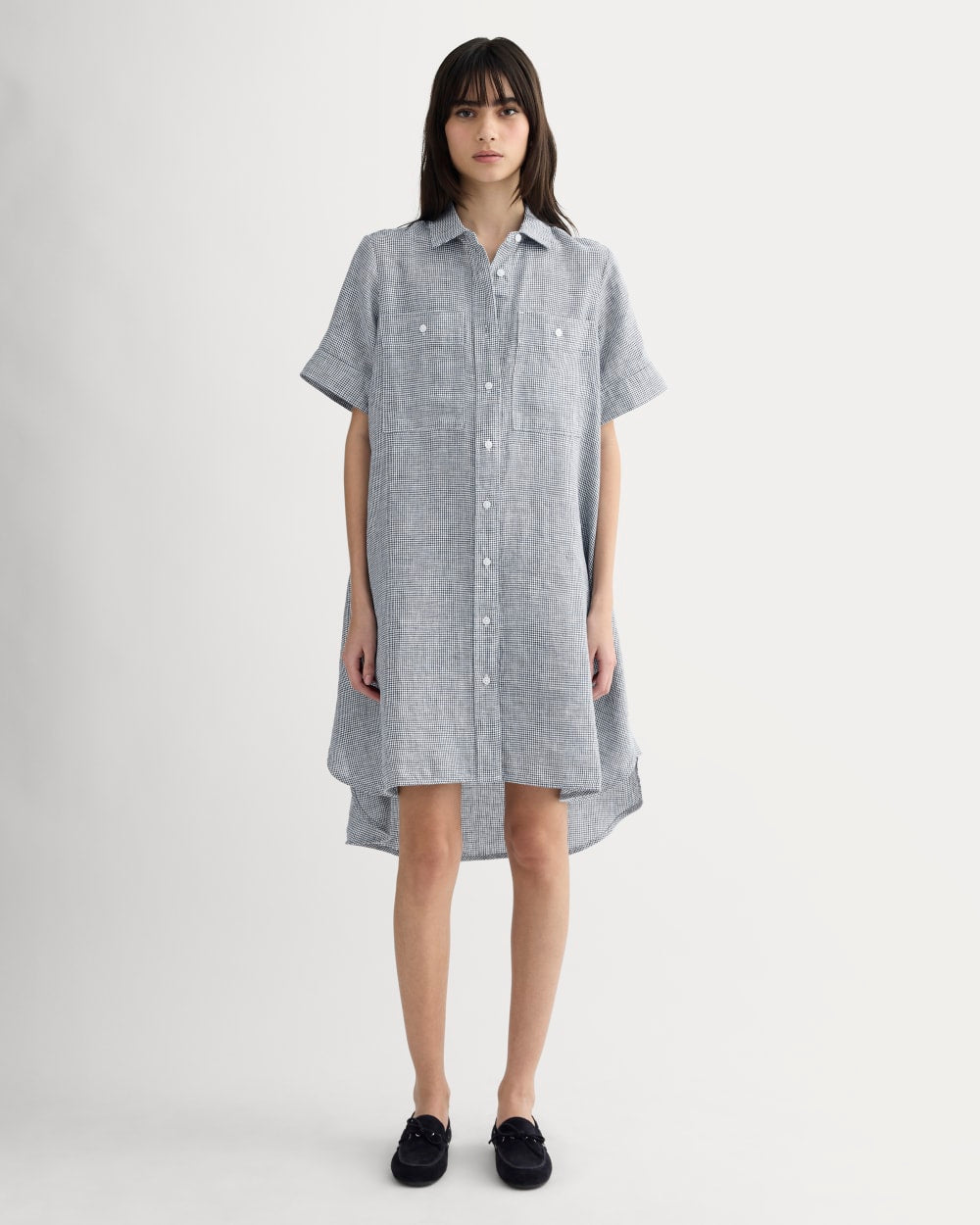 The Daytripper Dress in Linen in Midnight Navy Gingham — front view