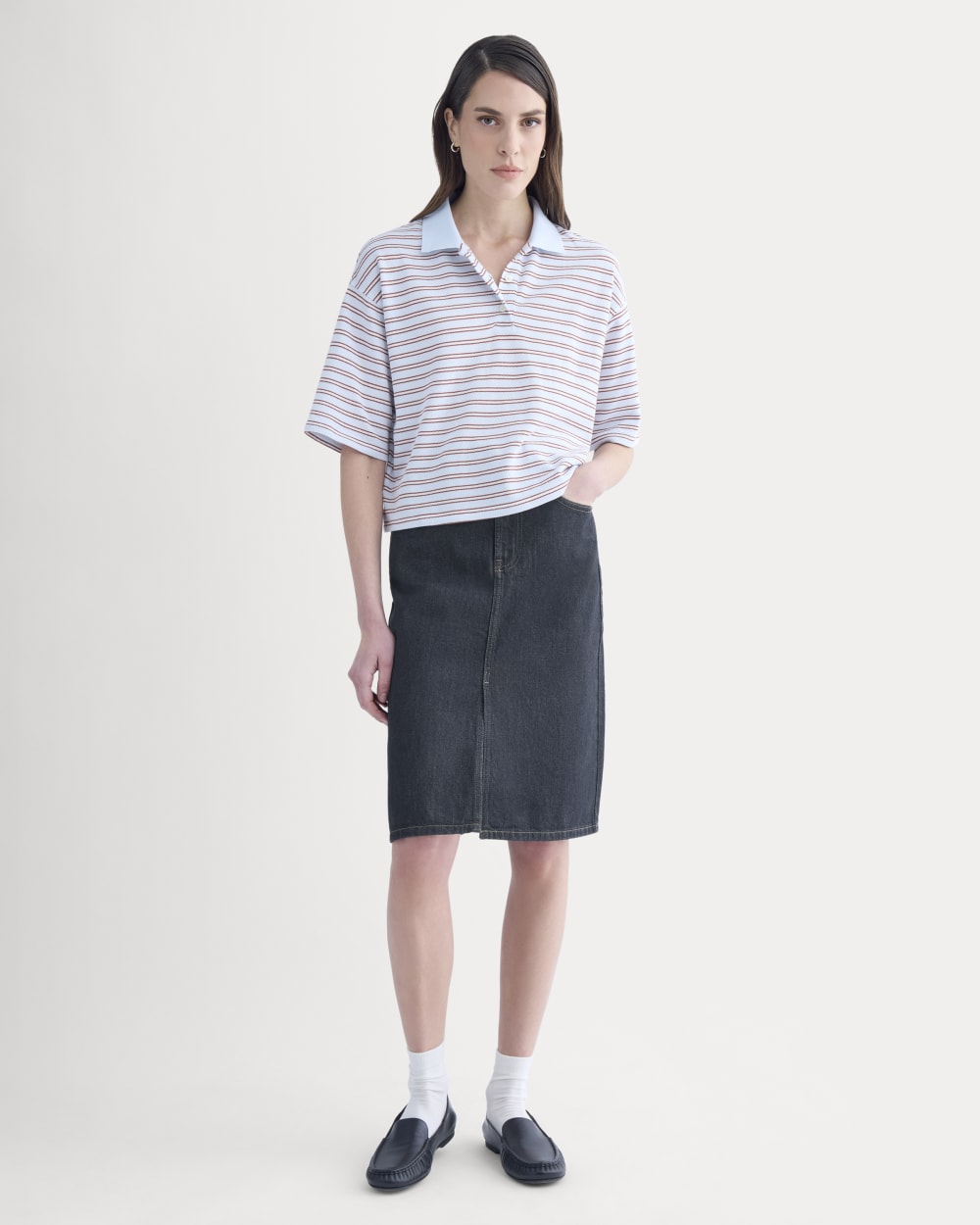 Mid-Rise Denim Midi Skirt in Tungsten Rinse — detail view