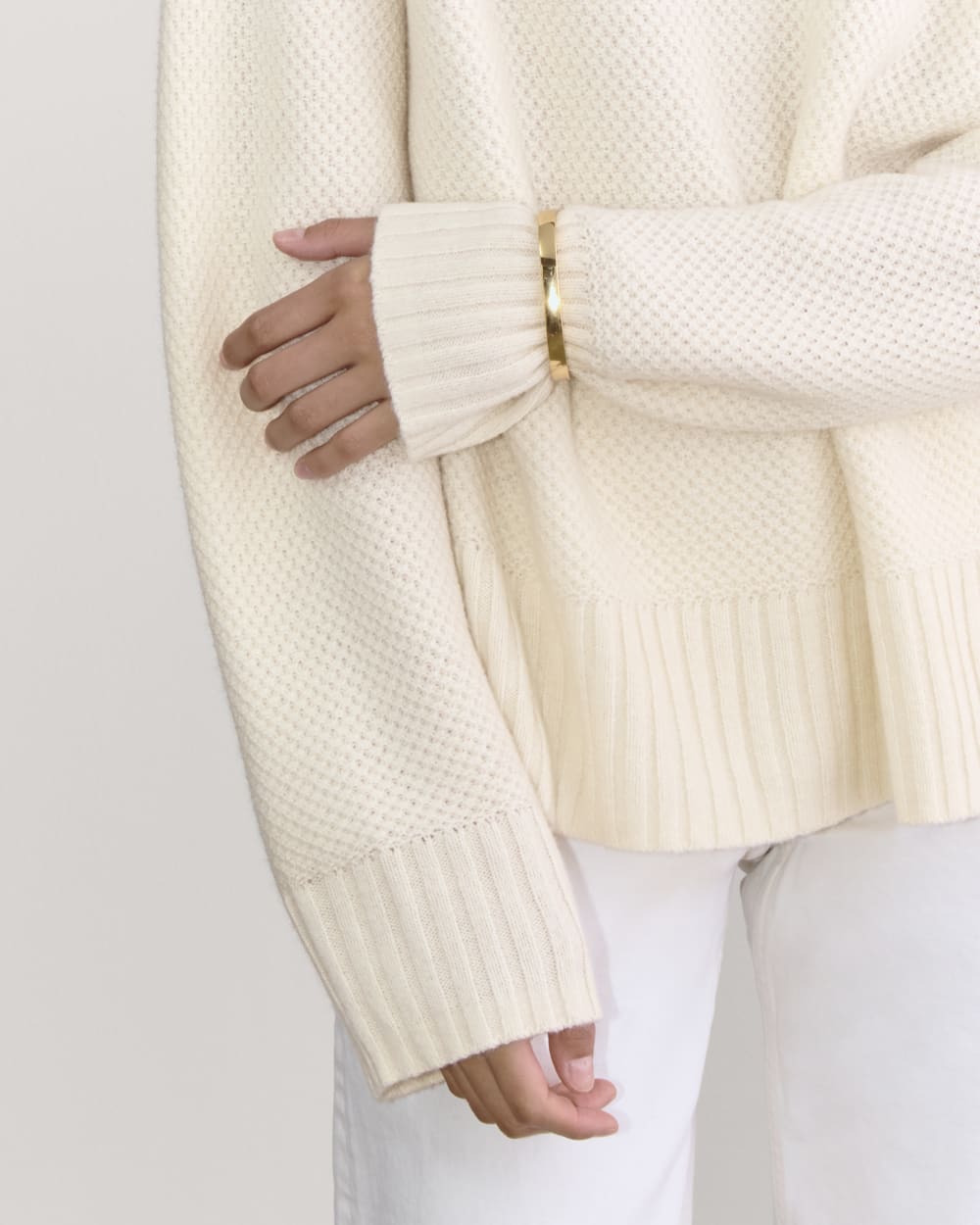 The Honeycomb Funnel Neck in Wool Cashmere in Bone — detail view