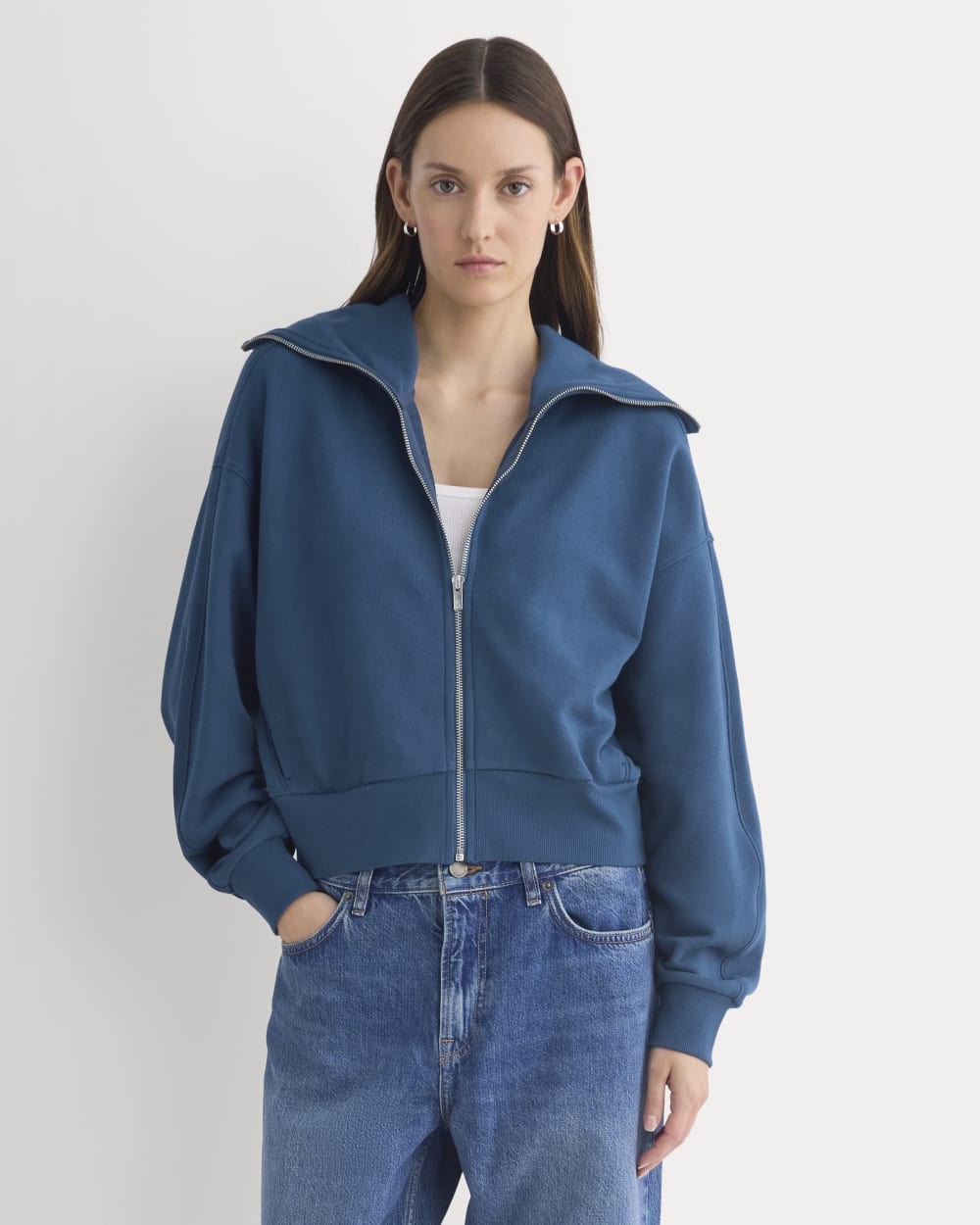 Lightweight Terry Cropped Full-Zip in Blue Wing Teal — front view
