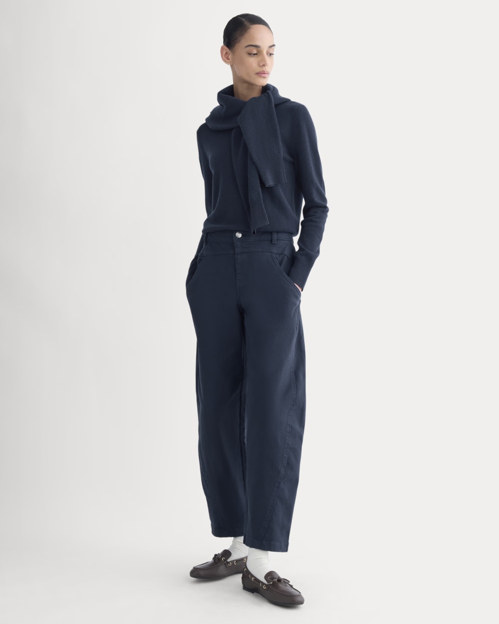 Double-Stitch Barrel Pant in Navy — front view