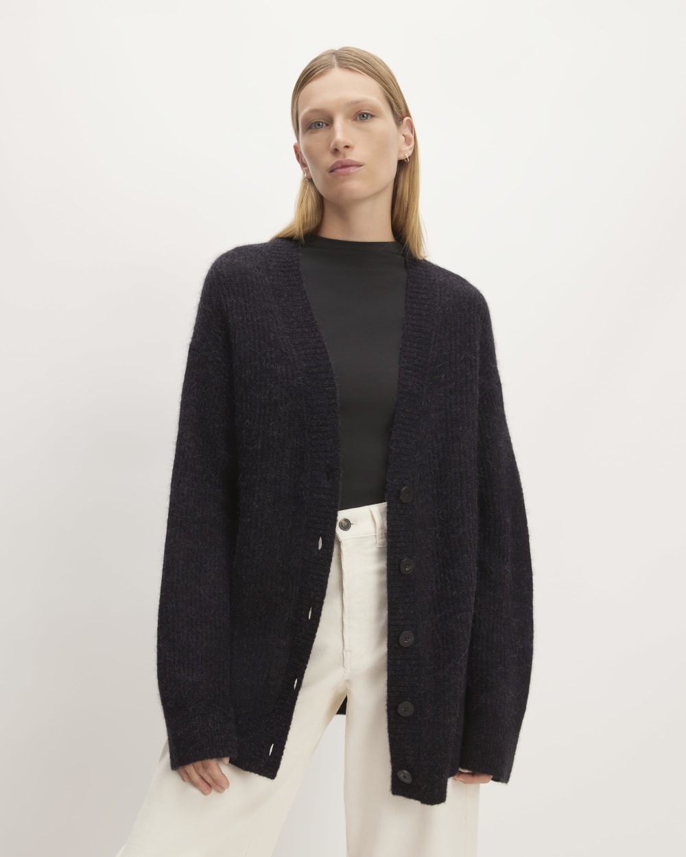The Alpaca Oversized Cardigan in Heathered Black — front view