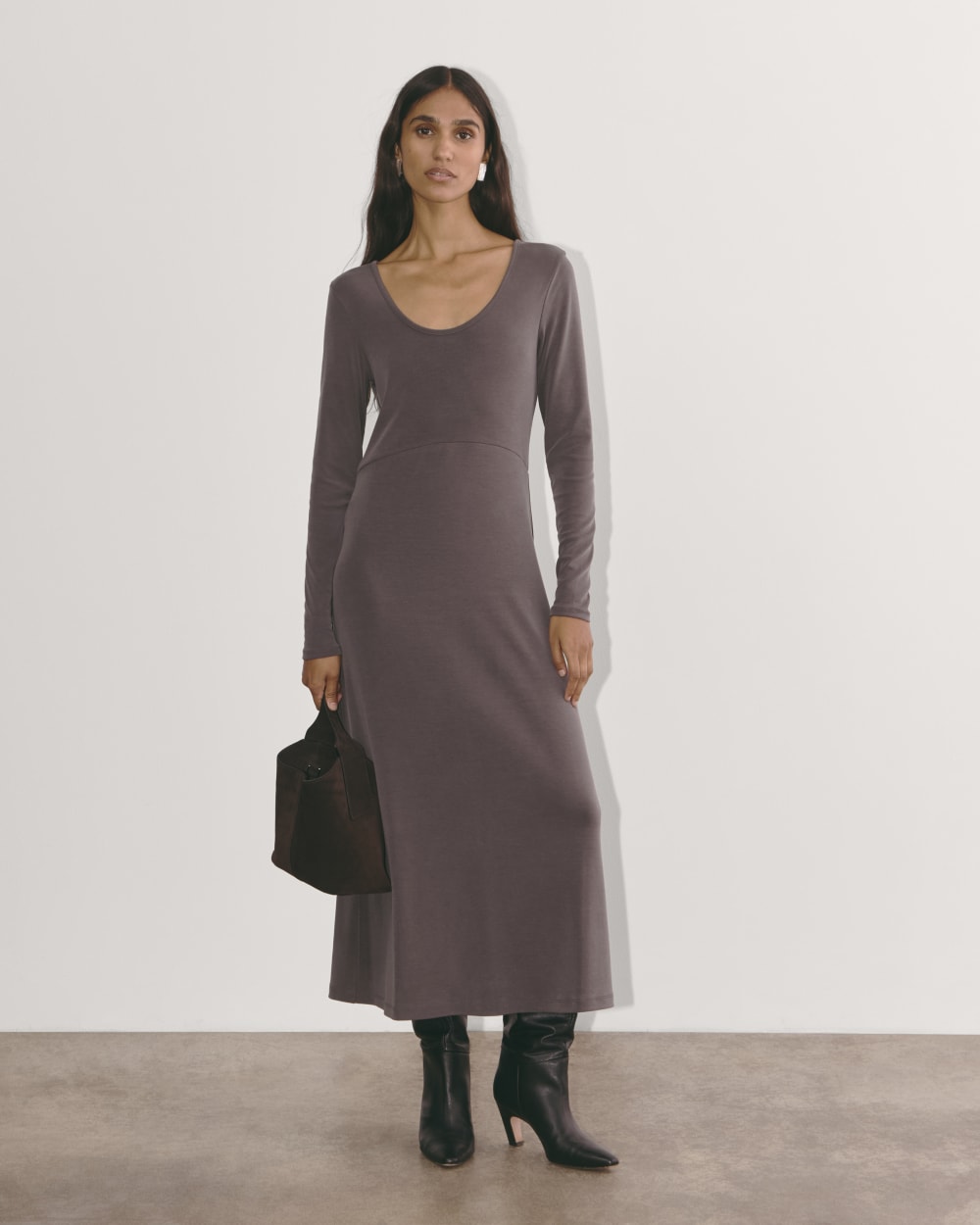 The Maddie Dress in Butterknit in Espresso — front view