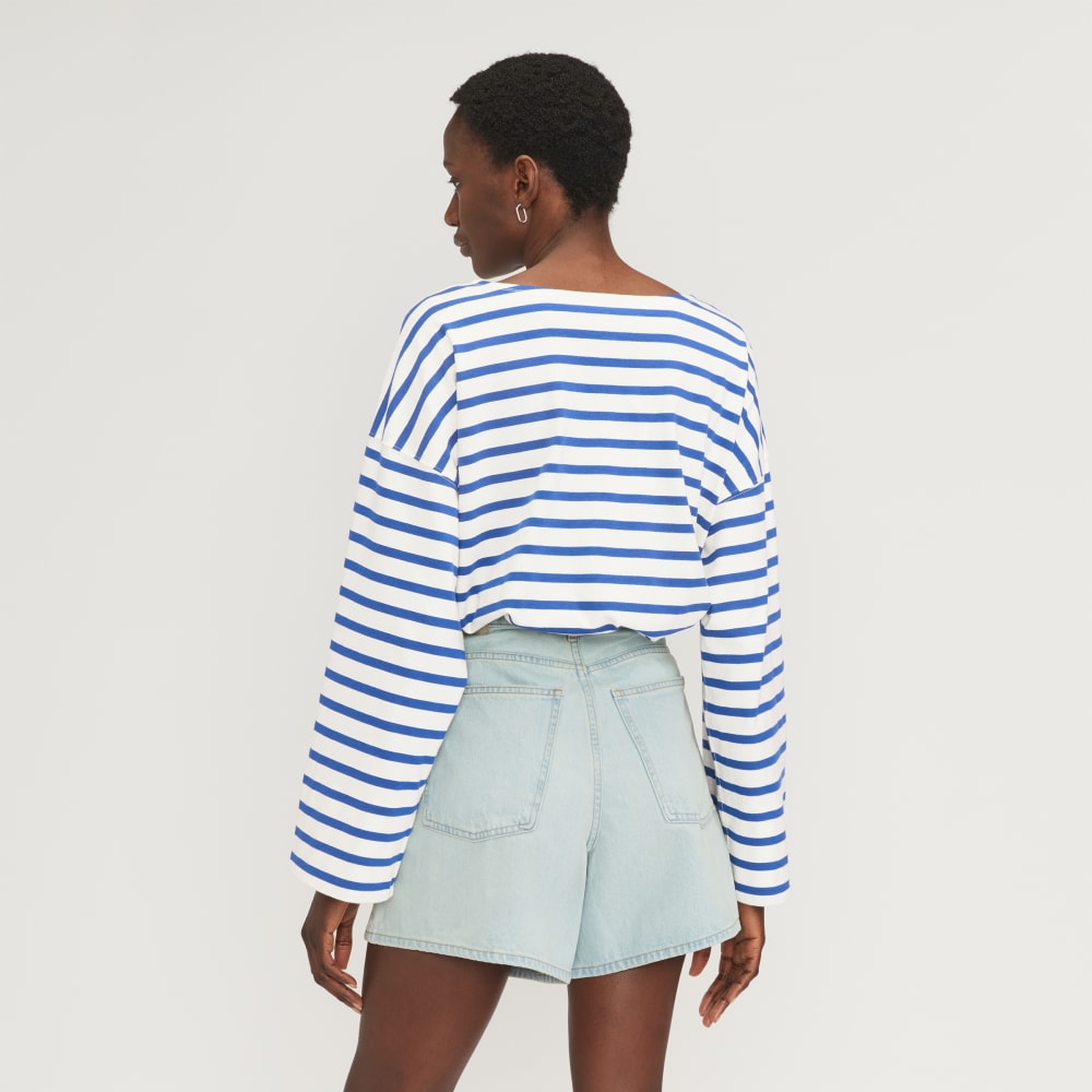 The Premium Weight Oversized Pocket Tee in Canvas Tan / Mazarine Blue — detail view