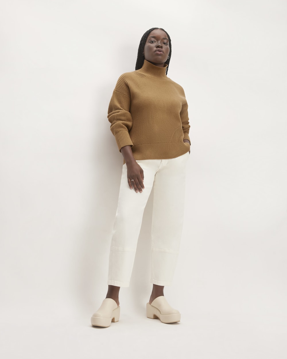 The Organic Cotton Ribbed Turtleneck in Toasted Coconut — detail view