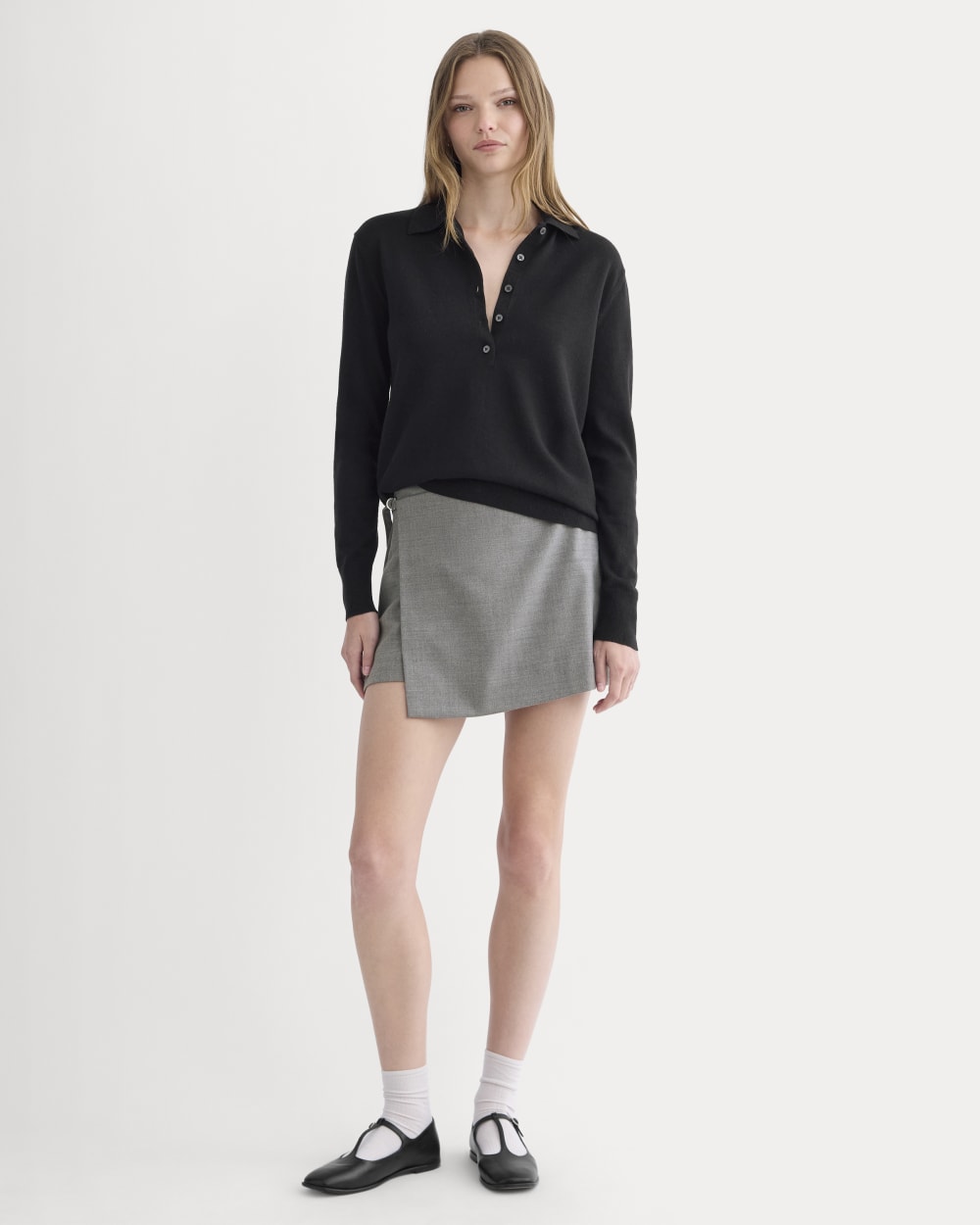 Oversized Polo Sweater in Cotton Merino in Black — detail view