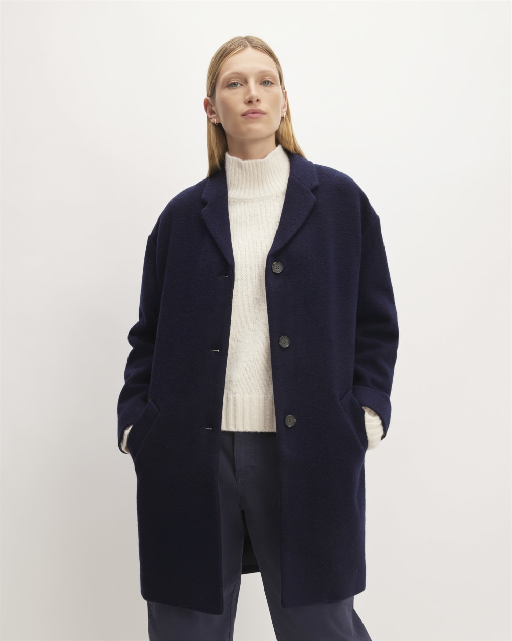The Italian ReWool® Cocoon Coat in Navy — front view