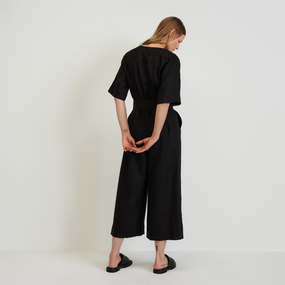 The Wrap Jumpsuit in Linen in Black — detail view