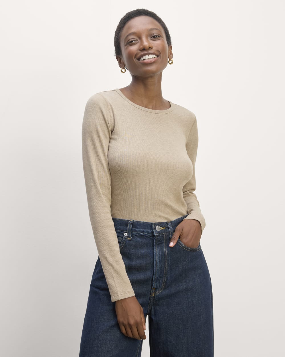 The Luxe Rib Long-Sleeve Crew in Heathered Tan — front view