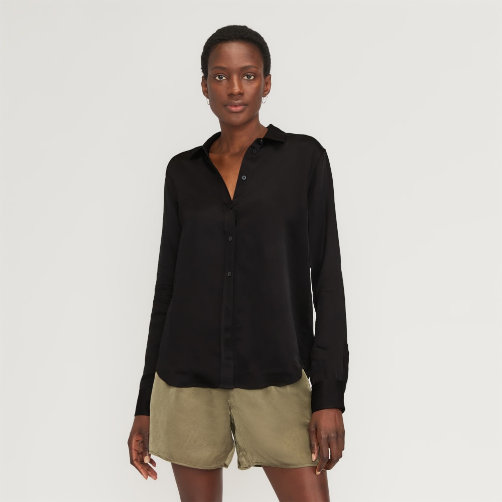 The Satin Relaxed Shirt in Black — front view