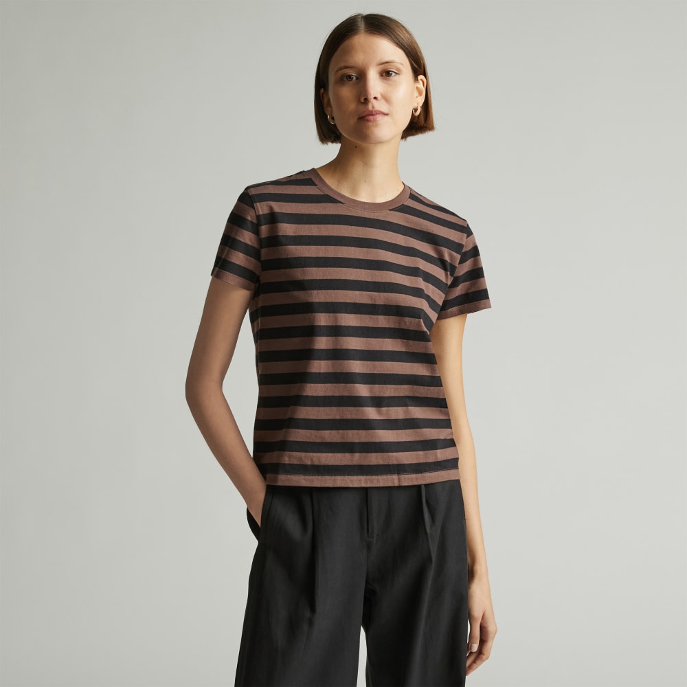 The Box-Cut Tee in Essential Cotton in Chocolate Brown / Black — front view