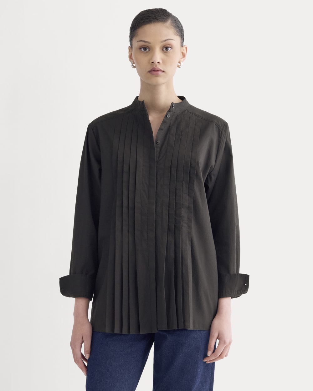 The Pleated Shirt in Silky Cotton in Black — front view