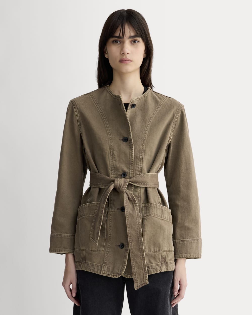 The Long Denim Barrel Jacket in Garment-Dyed Chocolate — front view