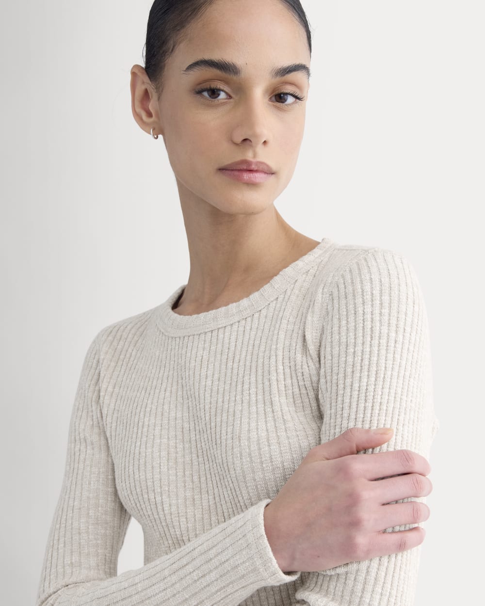 The Cozy Rib Long-Sleeve Tee in Peyote / Bone — detail view