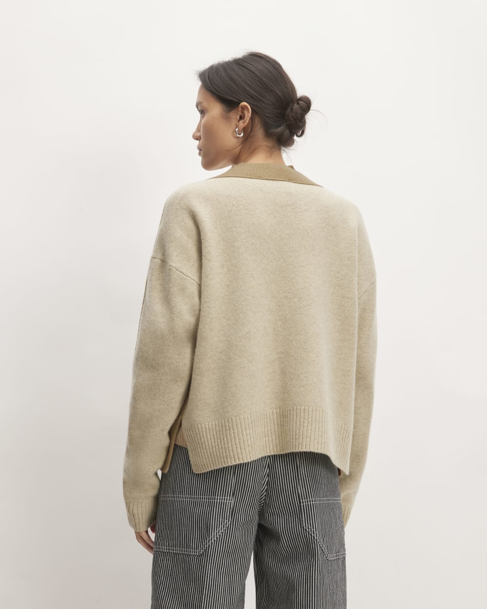 The Good Merino Wool Cardigan in Light Camel / Dark Oat — detail view