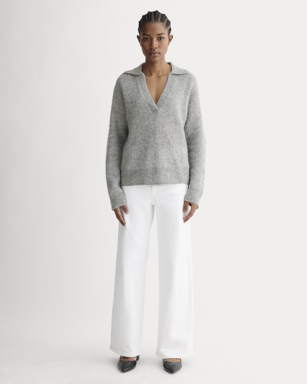 The Oversized Polo in Alpaca in Heather Stone Grey — detail view