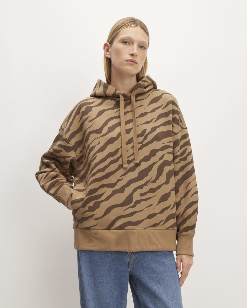 The ReTrack Hoodie in Cocoa Tiger Stripe — front view