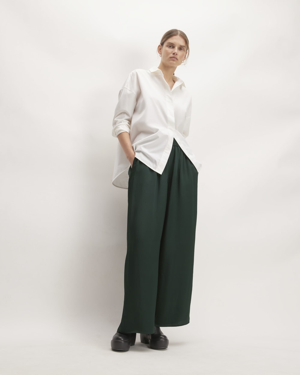 The Satin Pull-On Pant in Scarab — front view