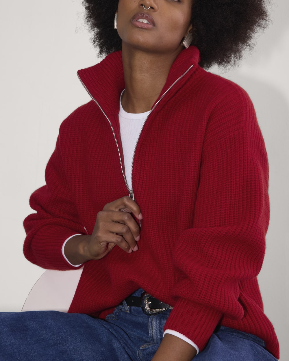 The Half-Zip Sweater in Luxe Merino in Berry Red — detail view