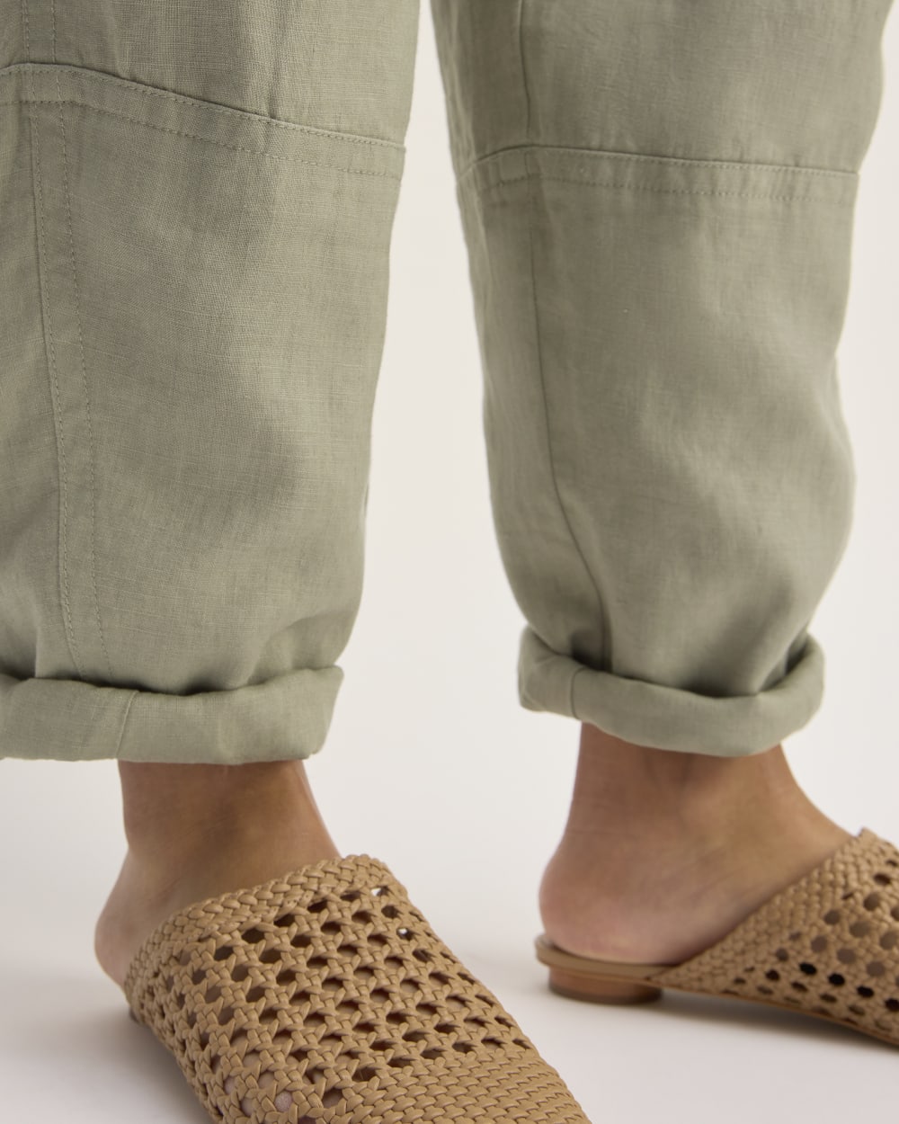 The Linen Pull-On Barrel Pant in Sage Green — detail view