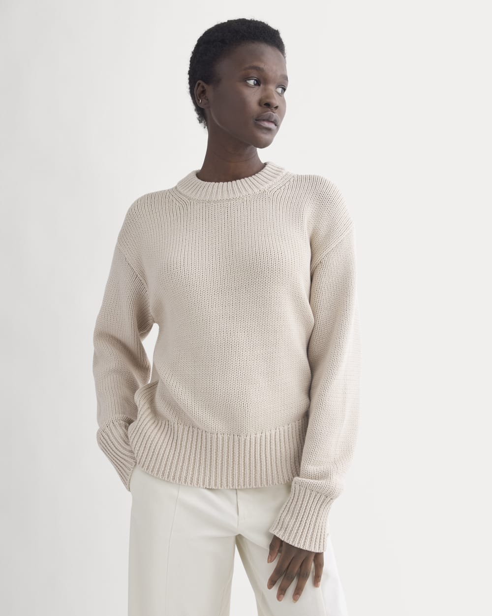 Oversized Cocoon Crew in Elevated Cotton in Peyote — detail view