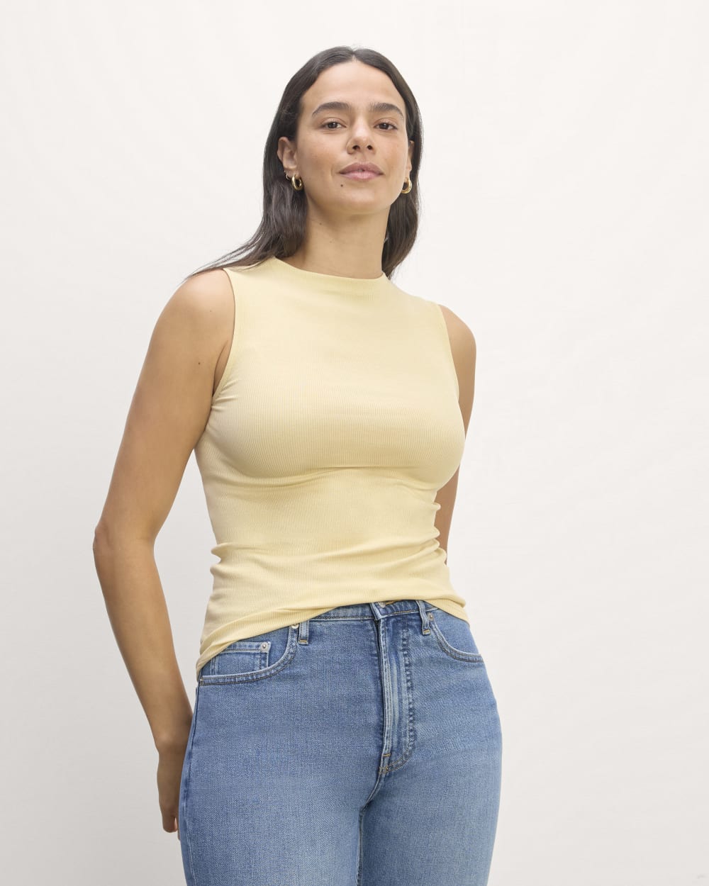 The Luxe Rib Funnel-Neck Tank in Parsnip — front view