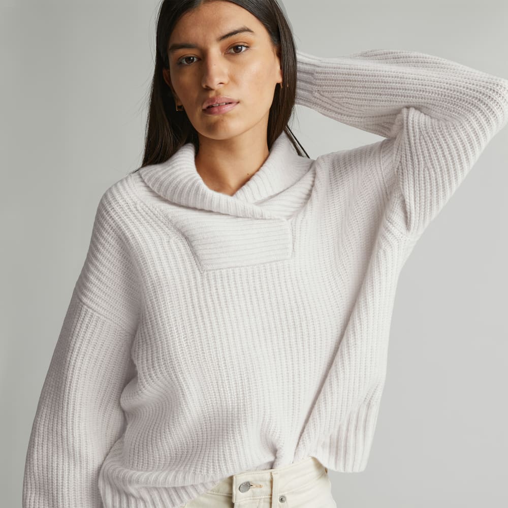 The Felted Merino Shawl Collar Sweater in Heathered Oat — front view