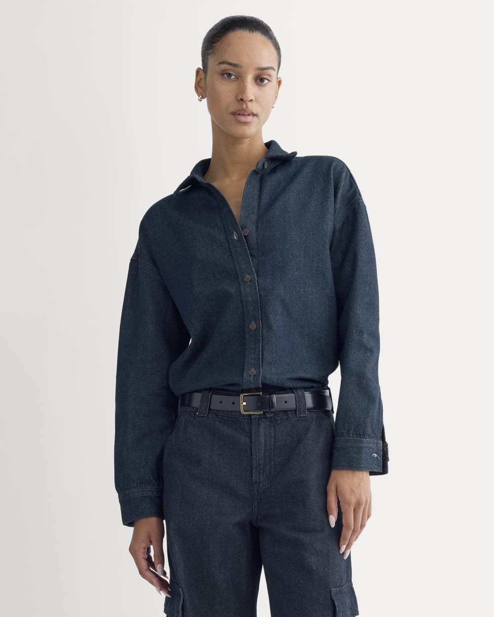 The Oversized Denim Shirt in Tungsten Rinse — front view