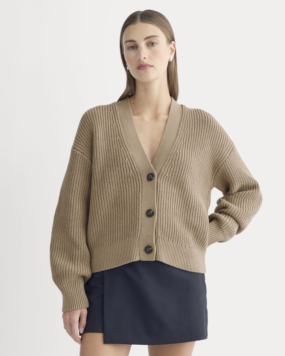The Boxy Cardigan in Everyday Cotton in Dark Heathered Camel — front view