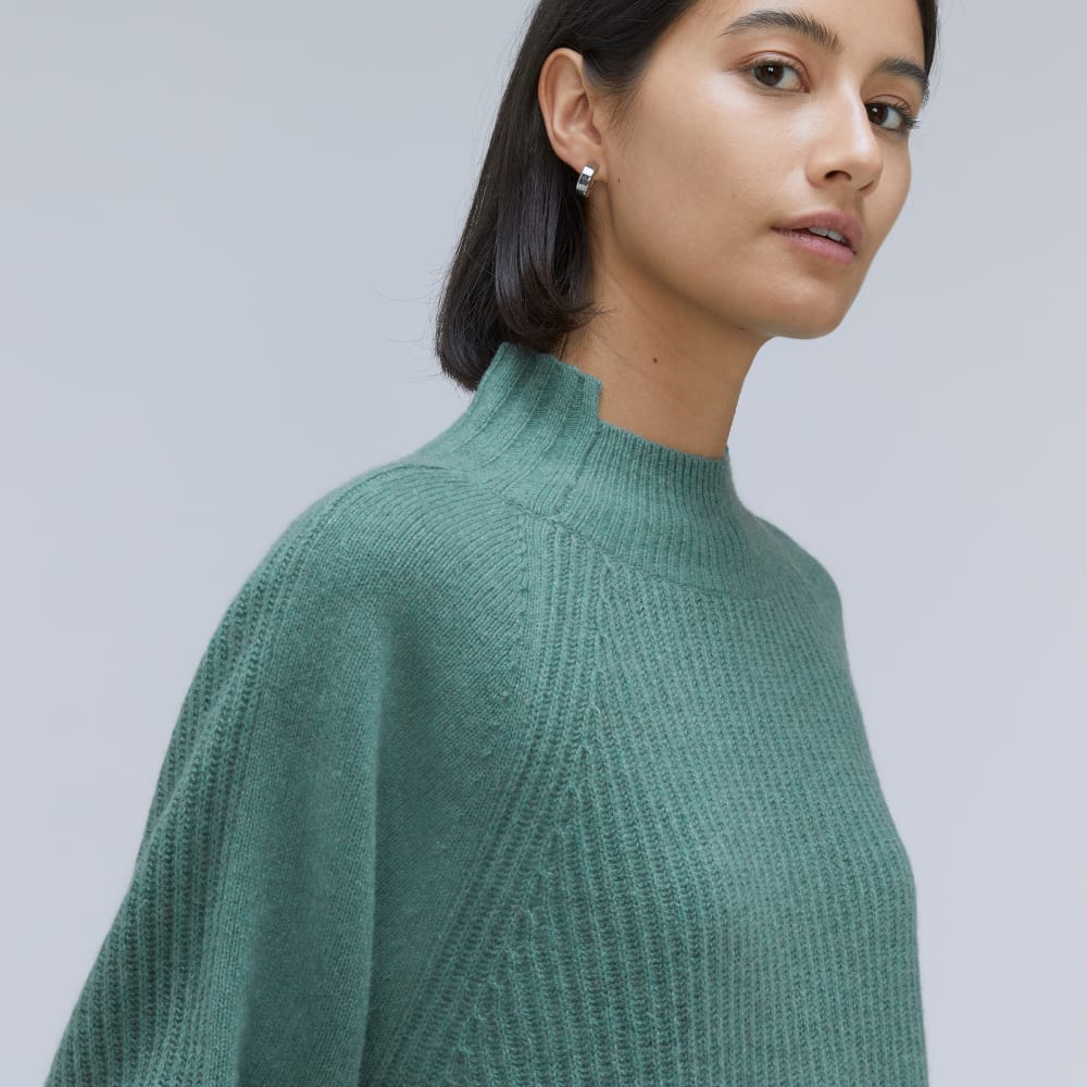 The Cashmere Ribbed Turtleneck in Heathered Dusty Aqua — detail view