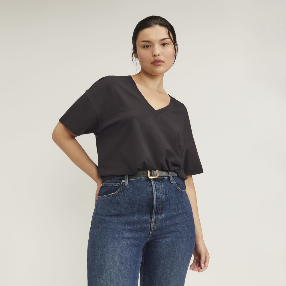 The Organic Cotton Slouchy V-Neck in Vintage Black — front view
