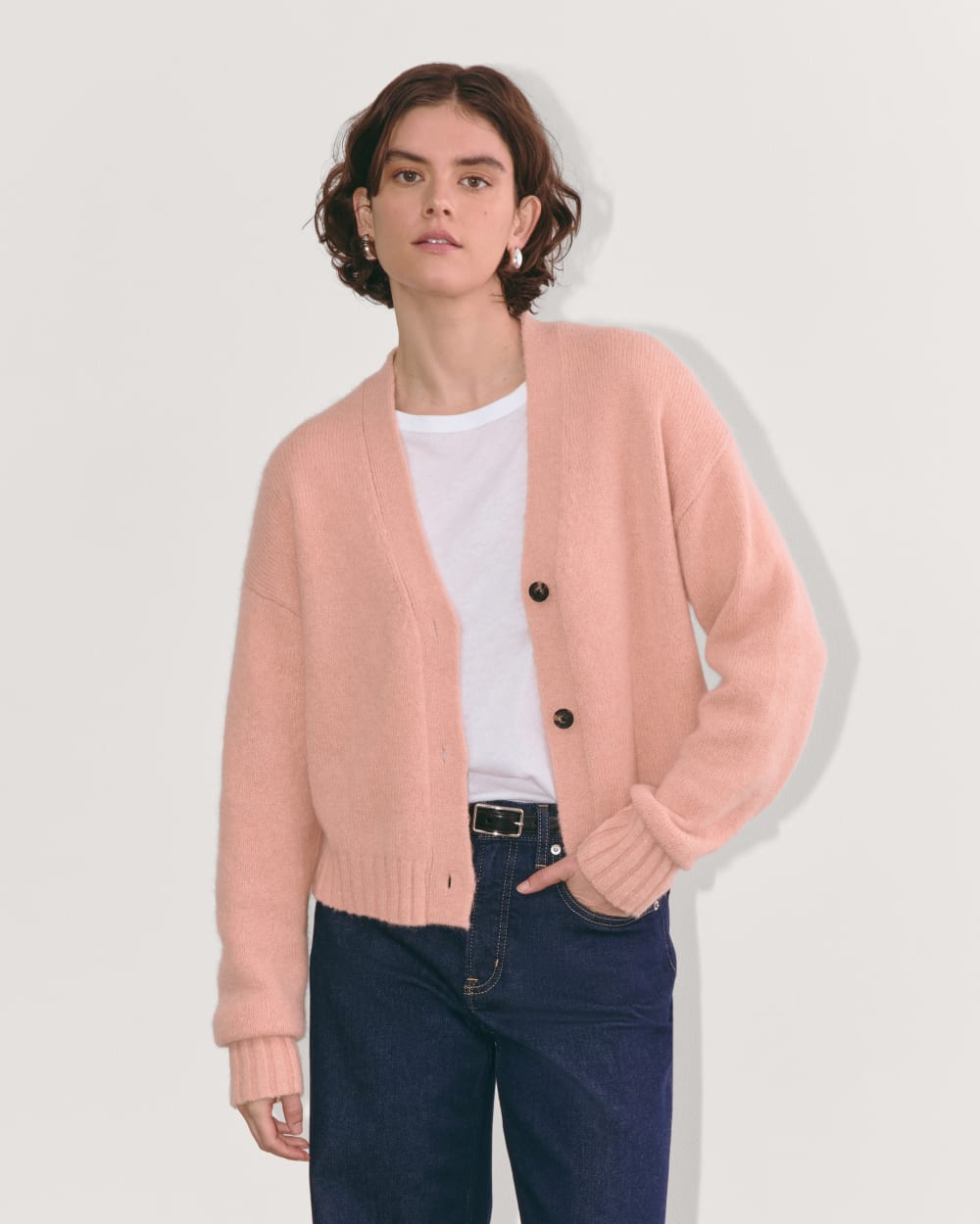 The Boxy Cardigan in Alpaca in Blush Pink — front view