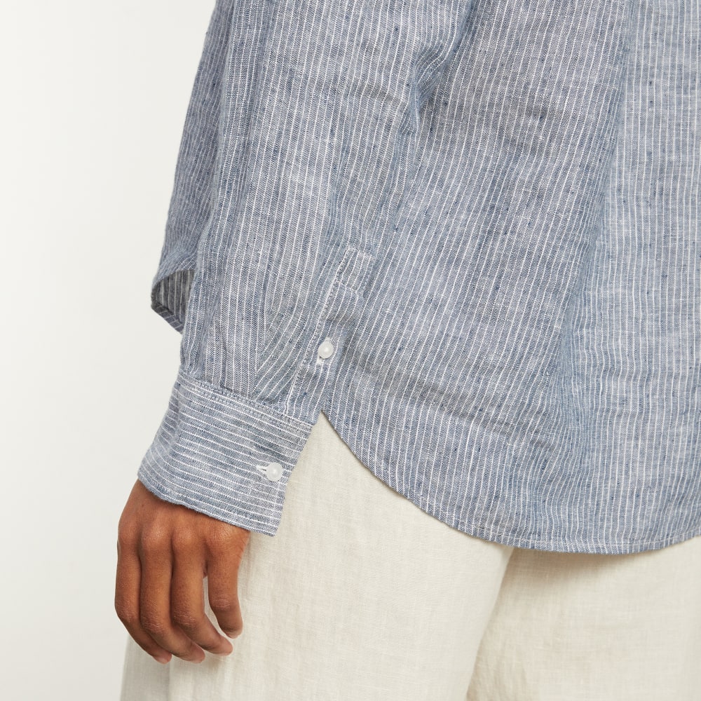 The Must-Have Shirt in Linen in Blue Pinstripe — detail view