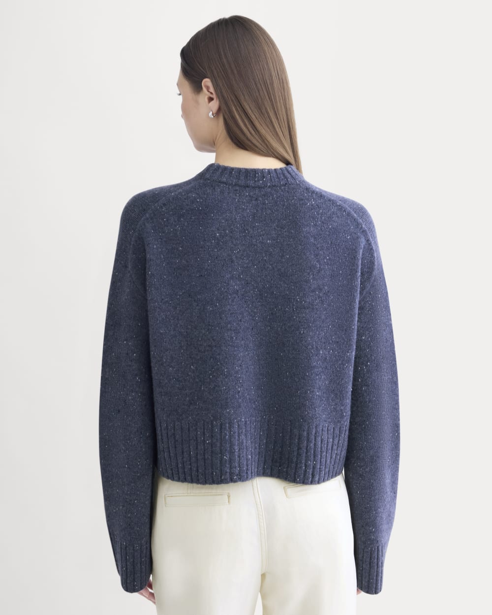 Cropped Boxy Crew in Luxe Merino in Heathered Blue Donegal — detail view