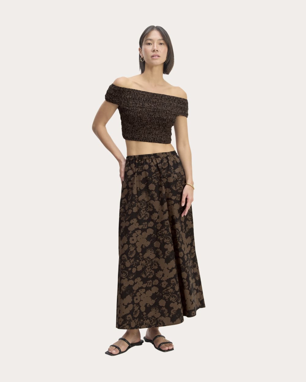 The Supima® Pull-On Maxi Skirt in Black / Cocoa Floral — front view