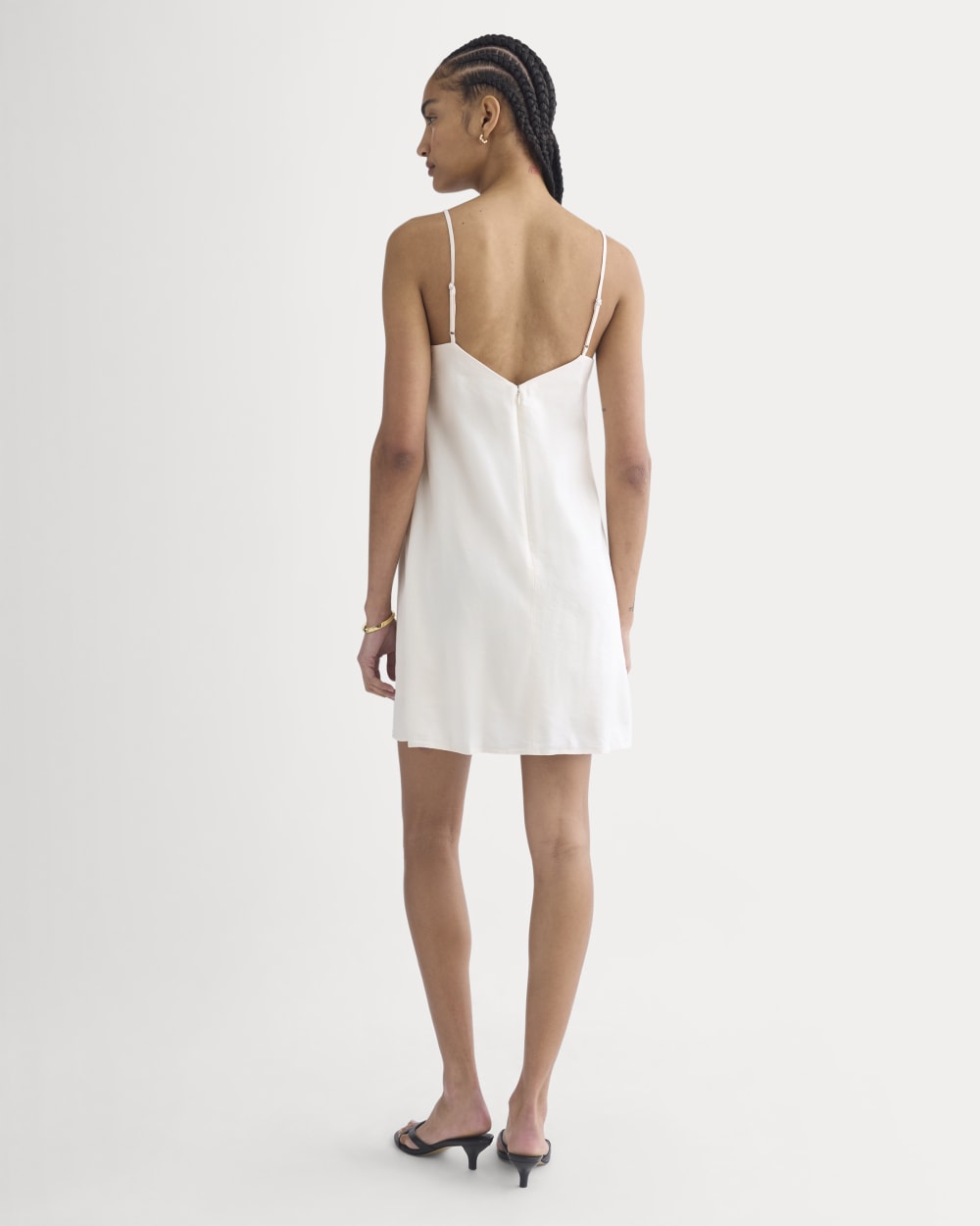 Mini Shift Dress in Stretch Linen in Bone — detail view
