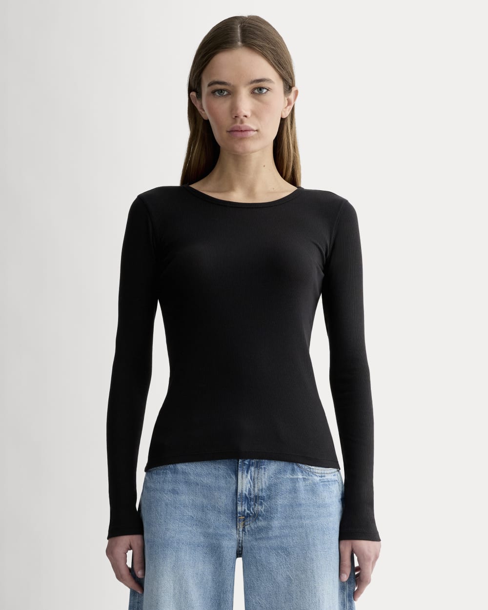 The Luxe Rib Long-Sleeve Crew in Black — front view