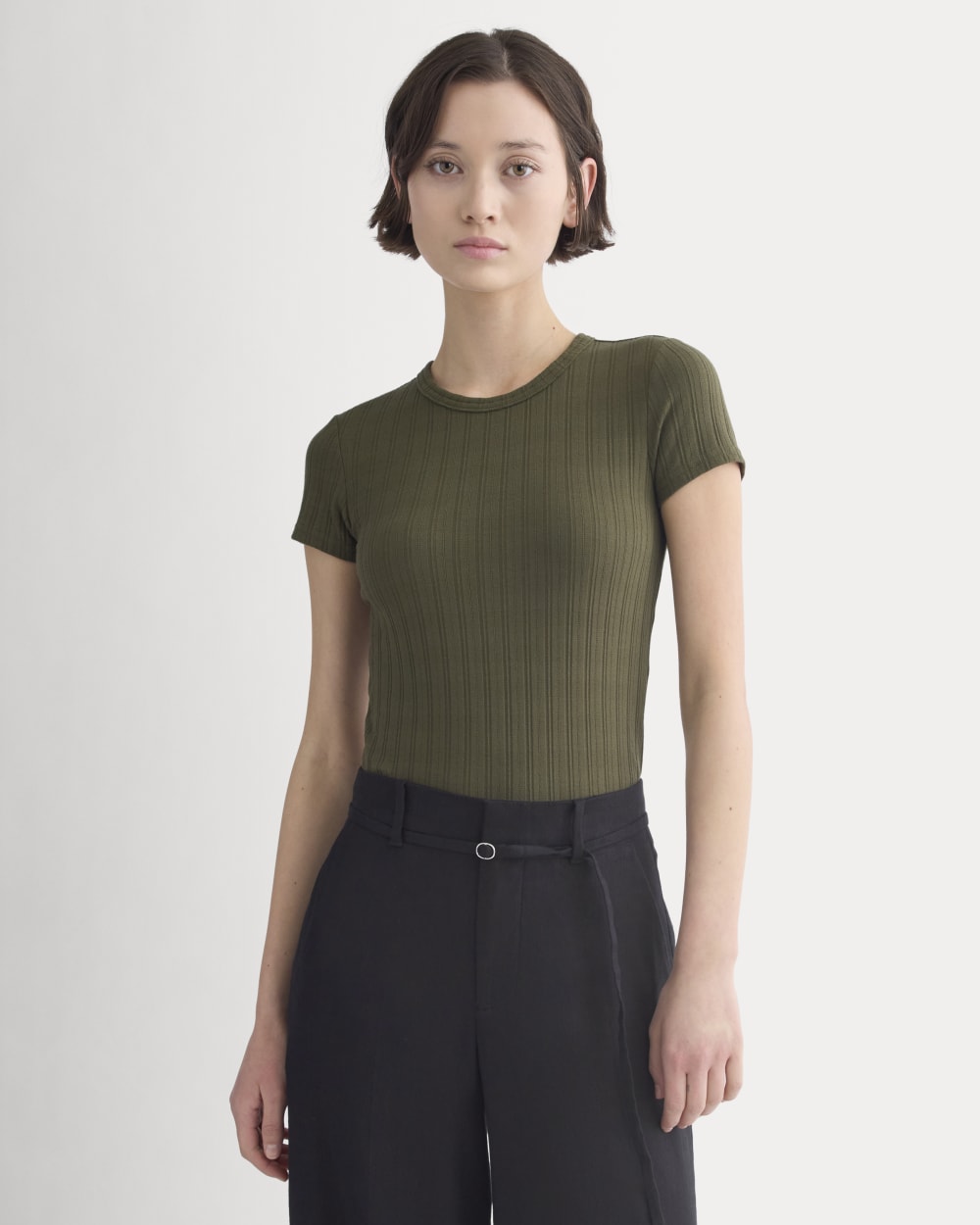 Cropped Crew in Pointelle in Olive Night — front view