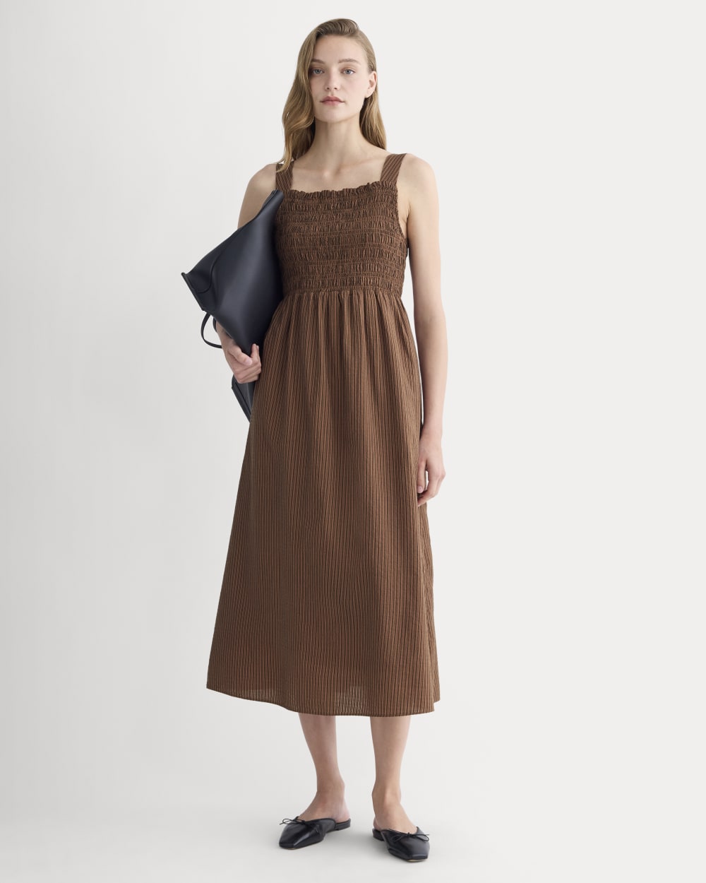 The Gauze Smock Dress in Carob Brown / Black — front view